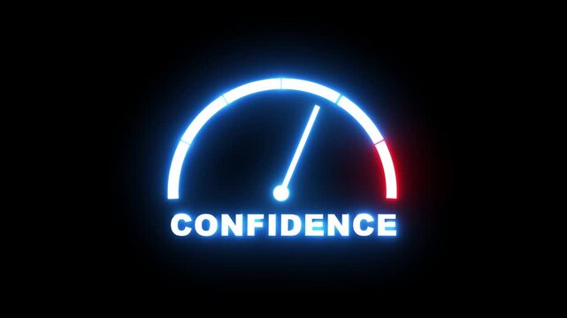 Confidence level meter showing progress from beginner low blue zone to expert high red zone. Confidence level speedometer gauge with low and high levels. motion graphics of concept.4k video animation