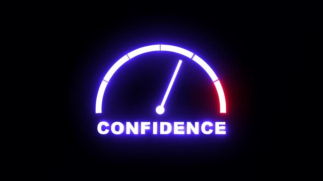 Confidence level meter showing progress from beginner low blue zone to expert high red zone. Confidence level speedometer gauge with low and high levels. motion graphics of concept.4k video animation