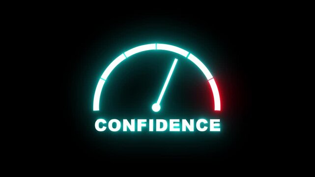 Confidence level meter showing progress from beginner low cyan zone to expert high red zone. Confidence level speedometer gauge with low and high levels. motion graphics of concept.4k video animation
