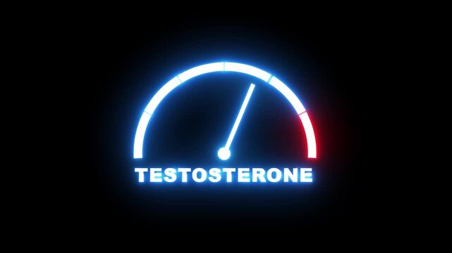 Testosterone level meter showing progress from beginner low blue zone to expert high red zone. Testosterone level speedometer gauge with low and high levels. 4k video animation