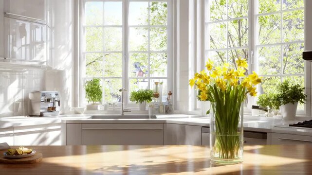 Bright kitchen scene with a vase of yellow daffodils on a wooden table, sunlight streaming through large windows, showcasing a fresh spring atmosphere and greenery outside