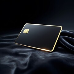 A sleek black credit card with gold trim on a dark cloth surface