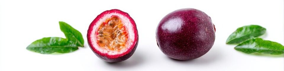 Obraz premium Fresh passion fruit with leaves on white background