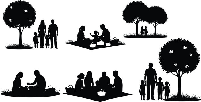 Family outdoor silhouettes, picnic leisure icons, parent child figures, nature bonding artwork, togetherness relationship design elements - flat vector illustration