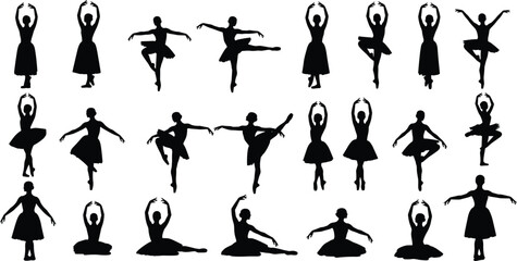 Ballet dancer silhouettes, classical dance icons, arabesque pirouette plié figures, elegant movement artwork, performance choreography design elements - flat vector illustration © MD AMINUR