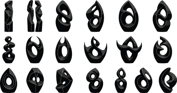 Abstract sculpture silhouettes, modern art icons, curved hollow shapes, geometric organic forms, decorative design elements - flat vector illustration