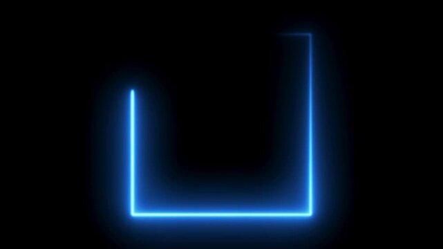 Abstract Line blue neon square frame drawing itself with a glowing light path on a black background for minimalistic borders.