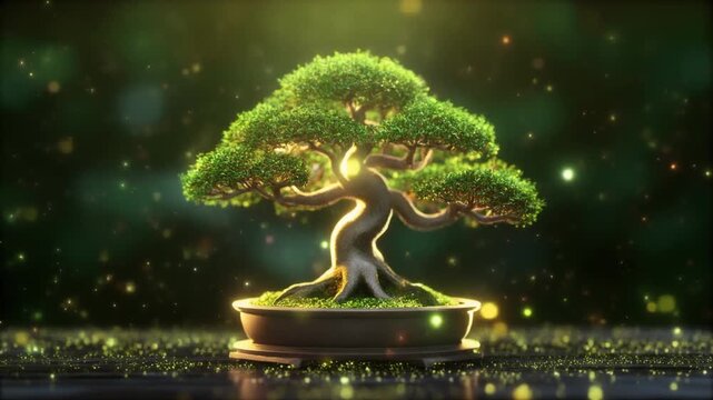 Cinematic 3D Animation of a Glowing Bonsai Tree with Magical Golden Fireflies in a Dark Forest