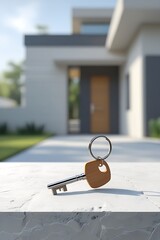 A shiny key with a brown tag sits on a marble surface in front of a modern house