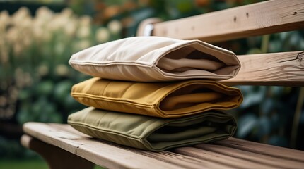 A stack of colorful cushions on a wooden bench in a garden setting