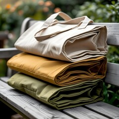 A stack of folded canvas bags on a wooden bench outdoors