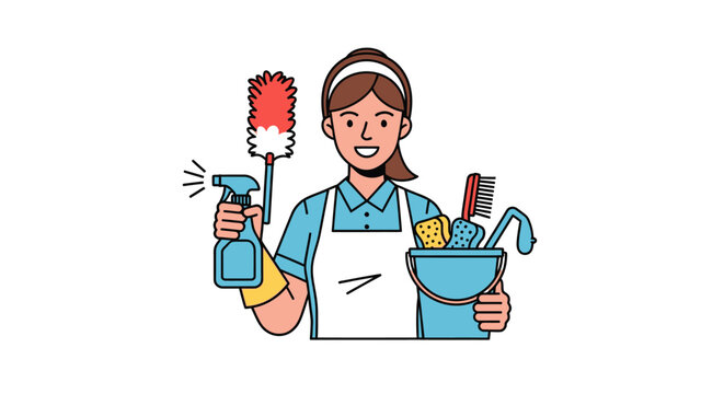 Cleaning Lady Holding Spray Bottle and Bucket.