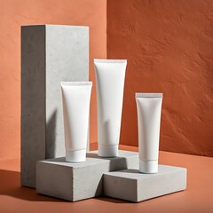 Three white cosmetic tubes on concrete blocks with an orange background