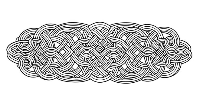 Complex black & white intricate intertwining pattern, oval-shaped, resembling Celtic knotwork