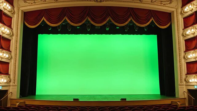 Empty theater stage with red velvet curtains opening to reveal a bright green screen background