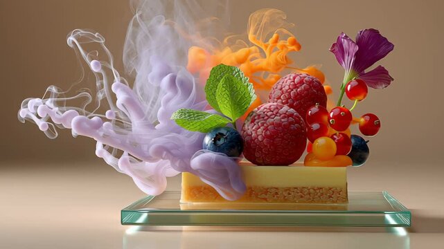 Colorful dessert with raspberries, blueberries, and edible flowers surrounded by vibrant smoke on a glass plate, showcasing a dynamic visual progression of flavors