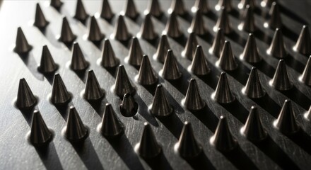 Fototapeta premium Sharp Metal Cones Arranged in Dense Pattern on Dark Background