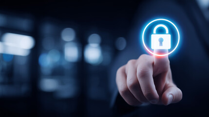 Finger pressing padlock icon representing cybersecurity, privacy, and secure access concept.
