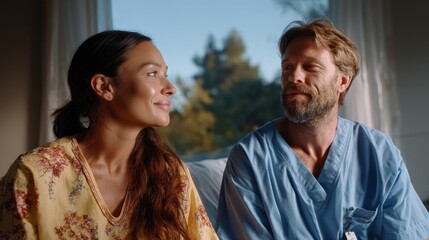 Fototapeta premium A couple, one in scrubs, gazes fondly at each other in a sunlit room