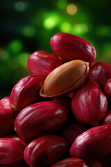 Obraz premium Fresh red coffee cherries stacked on top of each other in bright light