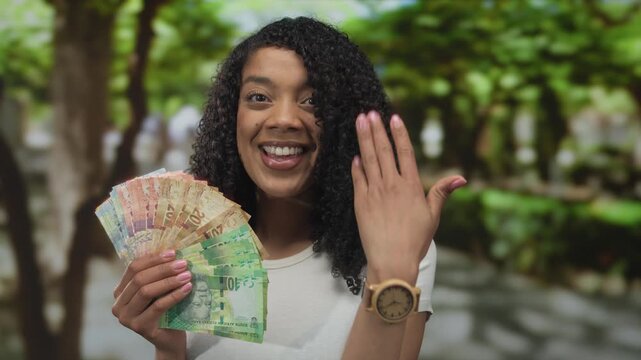 Woman holds fan of rand banknotes in a green park outdoors with palm extended toward camera; wealth and abundance.