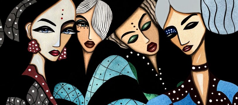 Stylized fashion women group portrait on dark background, modern female characters illustration with elegant makeup and expressive faces, artistic composition for editorial design, branding, posters