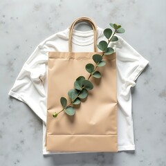 Blank White T-shirt, Kraft Paper Bag, and Eucalyptus Branch