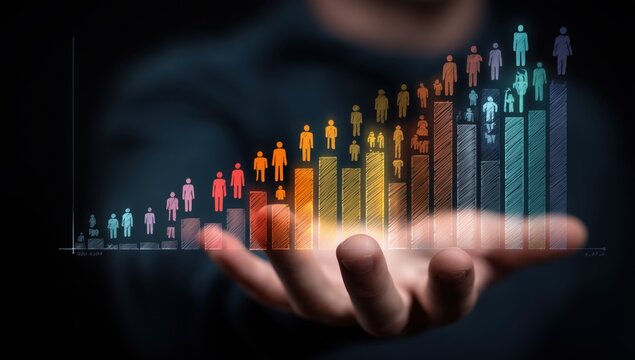 a digital marketing expert presenting an interactive graph showing the growth of a social media audience, with colorful icons representing different community group sizes and data points Generative AI