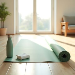 Green Yoga Mat and Water Bottle on Sunny Hardwood Floor