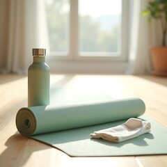 Home yoga setup with mat, water bottle, and towel in natural light