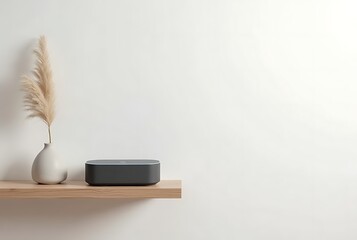 Minimalist Smart Speaker & Pampas Grass on Wood Shelf