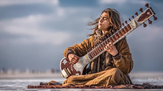 Young male musician of South Asian descent plays traditional instrument on sandy landscape, with flowing hair and serene expression under a cloudy sky