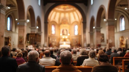 Many people sit in wooden benches in a church setting. They face a central altar that is decorated. The atmosphere feels focused on the service taking place.