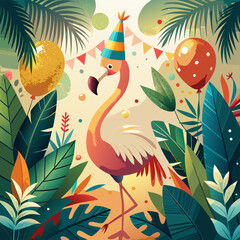 Naklejka premium Flamingo celebrates with balloons and decorations in a tropical setting during a party surrounded by plants and palm leaves Generative AI