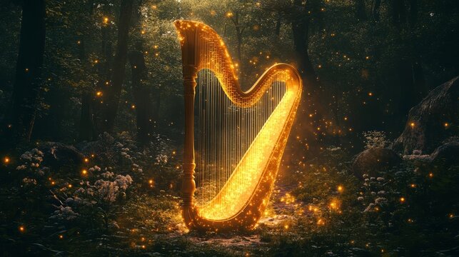 Enchanted glowing harp illuminating a mystical forest at night