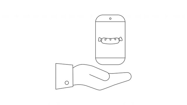 Hand Holding Phone with Hotdog Image - Simple Line Art.