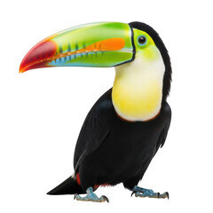 Obraz premium Keel-billed toucan bird isolated on white background, tropical sulfur-breasted toucan with colorful beak, exotic rainbow-billed bird for nature design