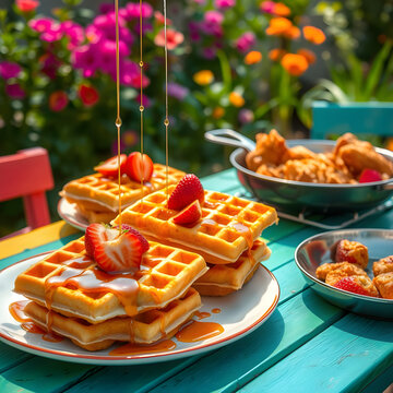 Waffles con jarabe de arce y fresas frescas rodeados de un jard&iacute;n soleado y alegre