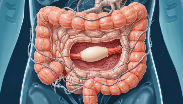 Detailed anatomical illustration depicts the human large intestine structure containing a prominent outpouching.
