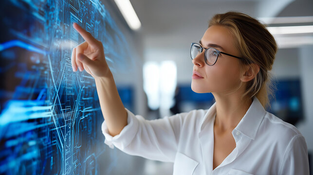 Professional woman interacting with agentic AI hologram whiteboard, innovation future of work, digital transformation concept real people, workplace technology integration, with copy space