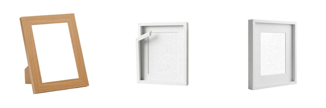 Set and collection of modern wooden and white picture frames in various perspective angles for photo mockup and interior decor isolated on white transparent PNG background
