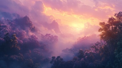 Obraz premium Enchanting sunset over misty forest with vibrant colors