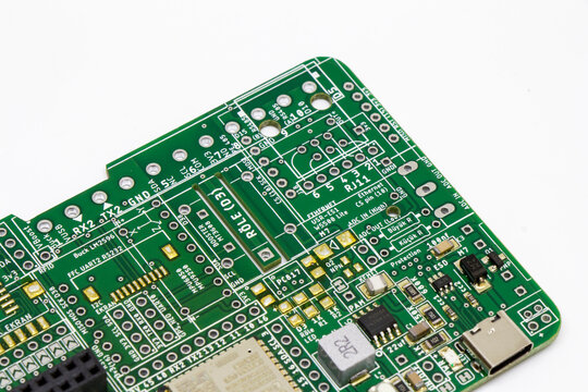 High angle close up of a green printed circuit board PCB showing electronic SMD components, microcontrollers, trace lines, and connector ports over a white background