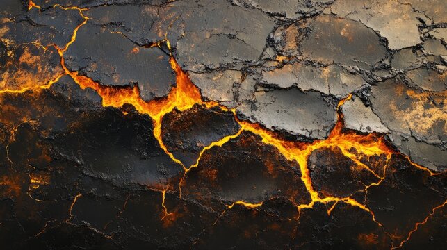 Molten lava cracks in cooling basaltic rock surface