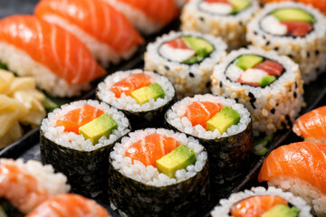 Close-up of artfully arranged sushi rolls on sleek black tray, showcasing vibrant ingredients and fresh presentation in modern kitchen setting