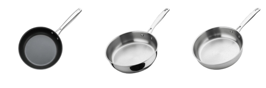 Set and collection of professional stainless steel frying pans with non-stick coating and metallic handles in various angles isolated on white transparent PNG background