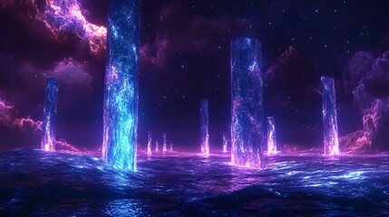 Obraz premium Ethereal neon pillars in cosmic ocean amidst starry sky and purple nebula