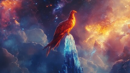 Majestic fiery phoenix perched on crystal mountain amidst cosmic nebula
