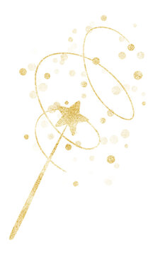 Golden glitter magic wand with sparkling star and swirling motion trails isolated on transparent background