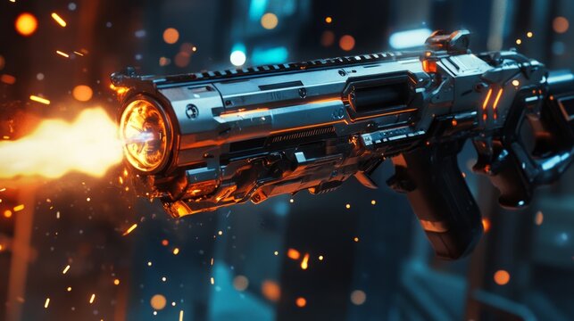 Futuristic sci-fi weapon in action with fiery muzzle flash and sparks